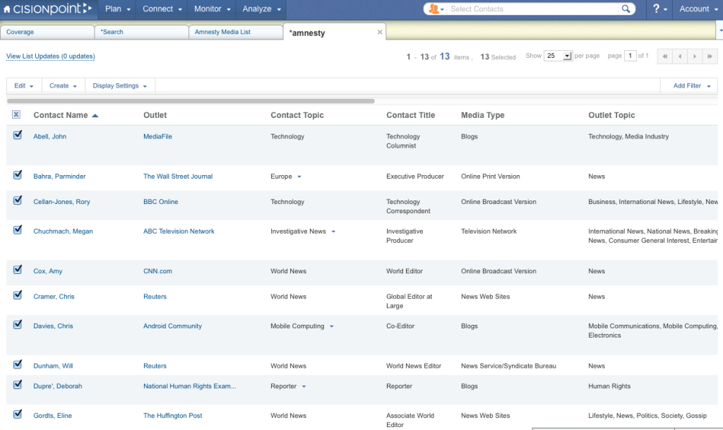 CisionPoint Media List for PRL 604