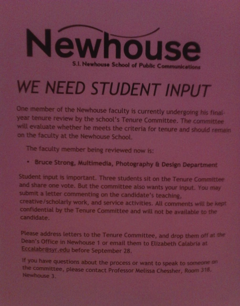 S.I. Newhouse School of Public Communications Tenure Committee Call for Student Input